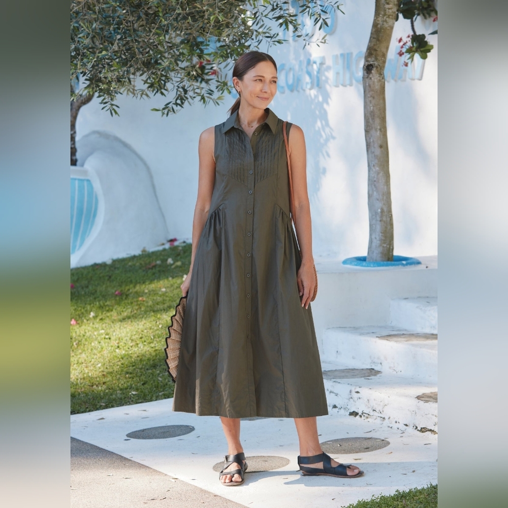 Sleeveless Button-Front Midi Dress in Olive Green